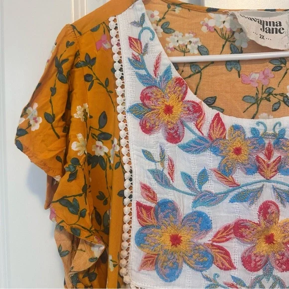Savanna Jane Women's Top Blouse 2X Embroidered Floral Yellow Flowy Whimsical - Picture 3 of 8